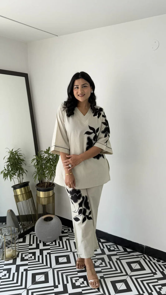 Off White-Embroidered Cotton Flex Co-ord Set