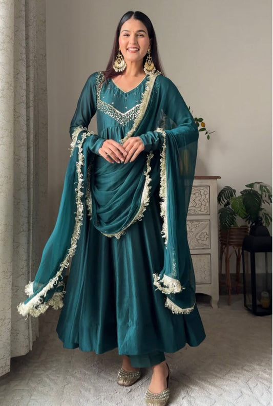 Designer Embroidered Gown Set with Dupatta & Pant – Party Wear