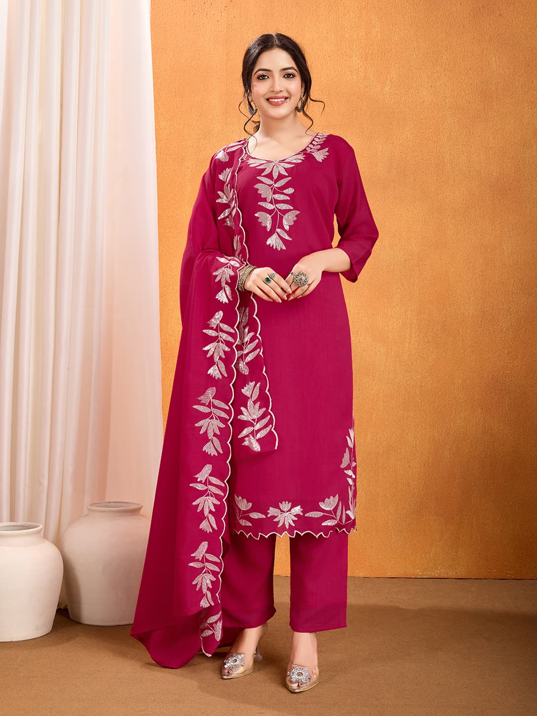 Vichitra Silk Embroidered Suit Set for Women – Kurta, Pant & Dupatta