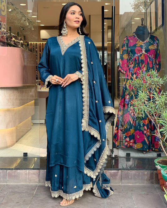 Blue Roman Satin Festive Suit Set with Dupatta-3 Piece
