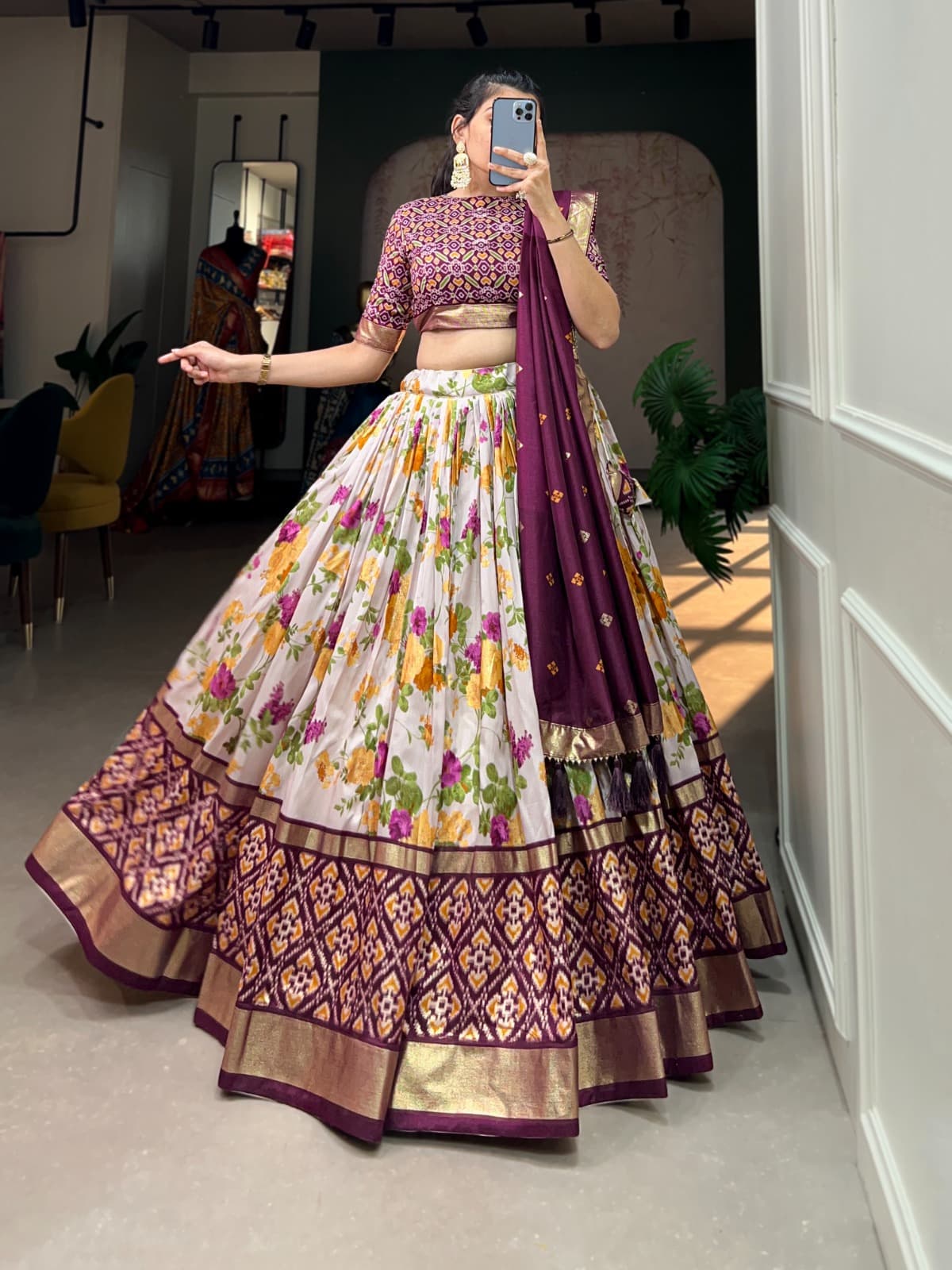 Tussar Silk Patola Print Lehenga Choli Set for Women