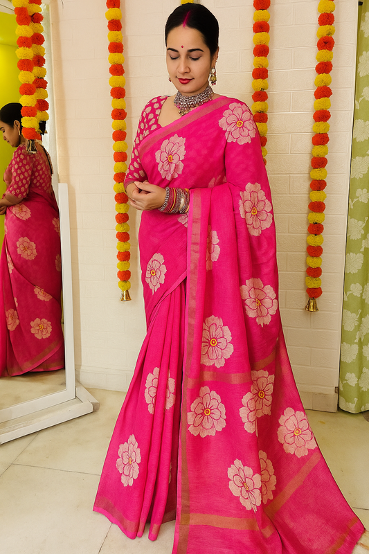 Soft Lenin Floral Printed Saree with Digital Blouse