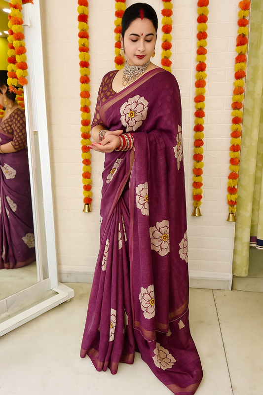 Soft Lenin Floral Printed Saree with Digital Blouse