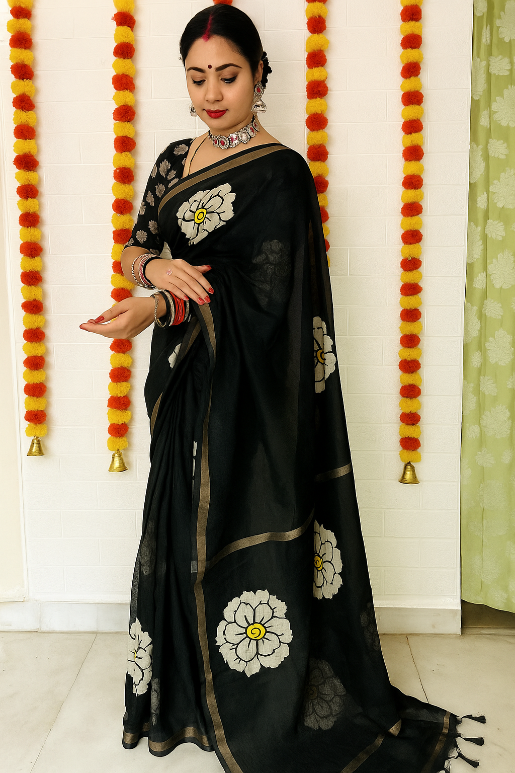 Soft Lenin Floral Printed Saree with Digital Blouse
