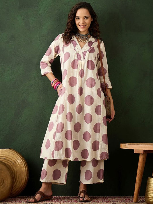 Polka Dot Cotton Kurta Pant Set with Embroidery