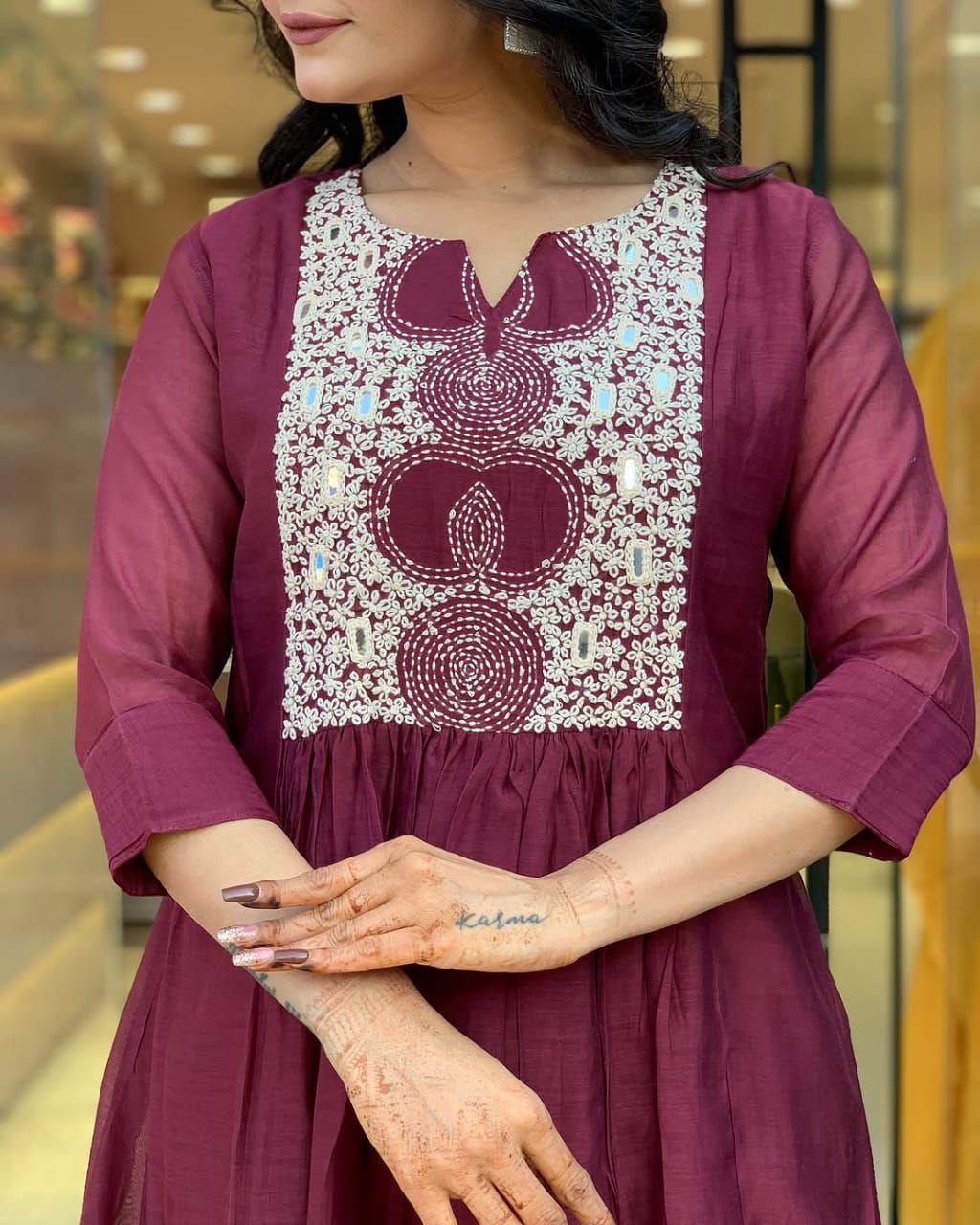 Elegant Maroon Cotton Anarkali Kurta Set with Embroidered Yoke