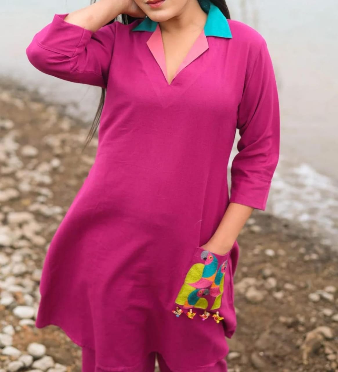 Parrot Aari Embroidery Cotton Slub Co-ord Set for Women