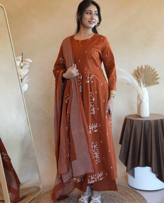 Embroidered Cotton Anarkali Suit Set with Dupatta