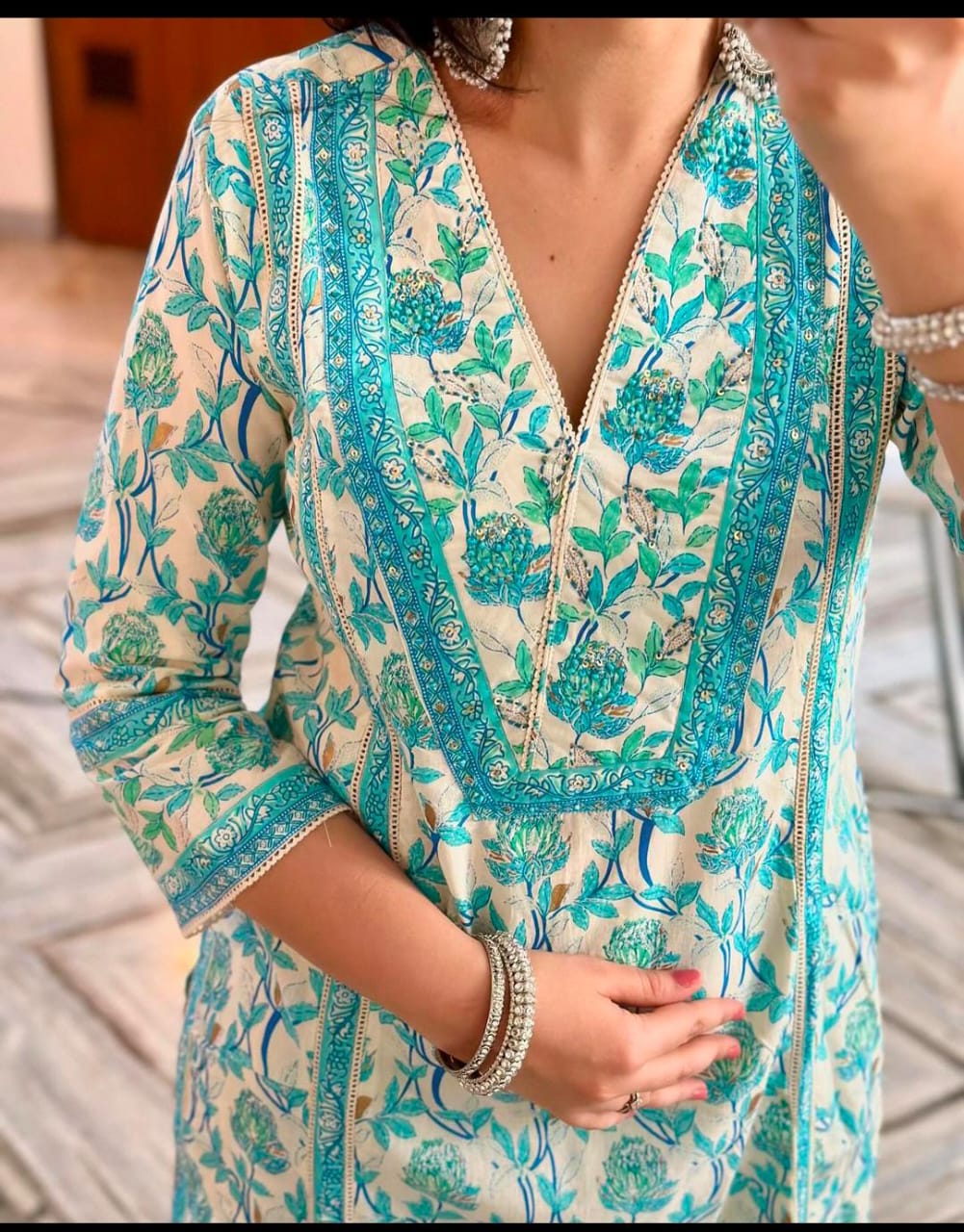 Floral Print Pure Cotton Kurti Set with Dupatta – Lace Border Design