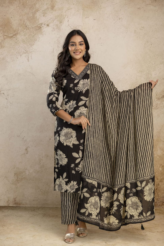 Floral Cotton Embroidered Kurta Set with Pant & Dupatta