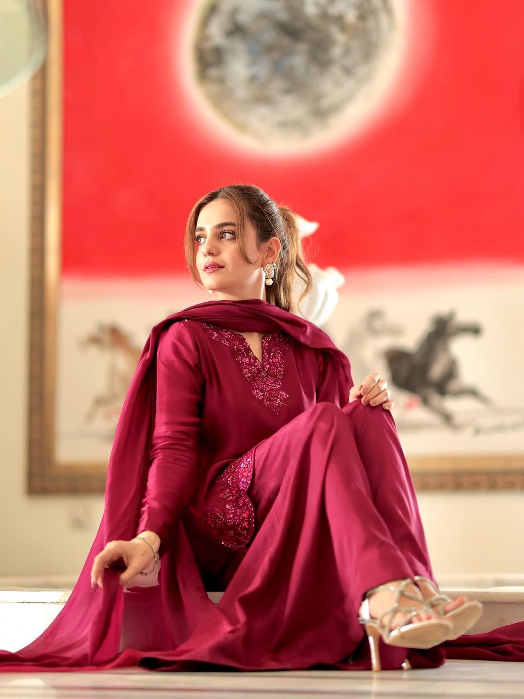Designer Maroon Sharara Set with Embroidery Work
