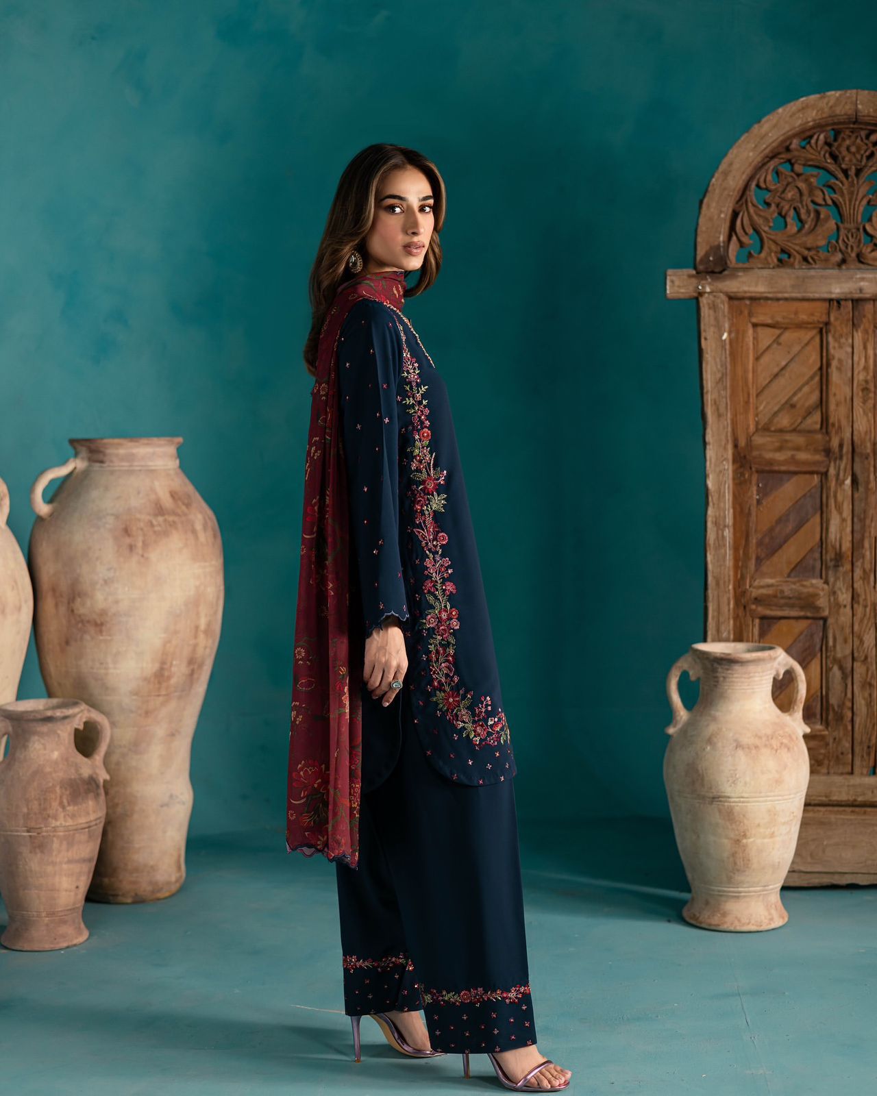 Designer Navy Blue Farsi Suit with Embroidery and Dupatta