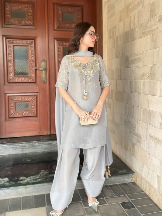 Designer Gray Crepe Farshi Palazzo Set with Dupatta