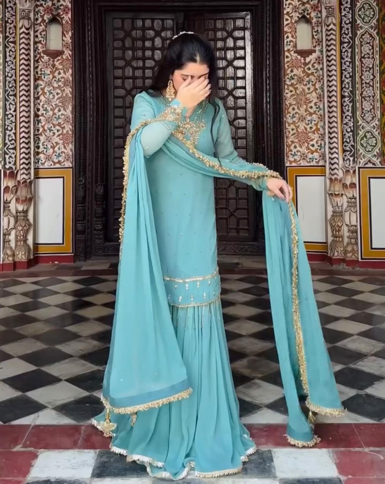 Premium Sky Blue Faux Georgette Embroidered Plazzo Set