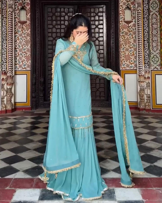 Premium Sky Blue Faux Georgette Embroidered Plazzo Set