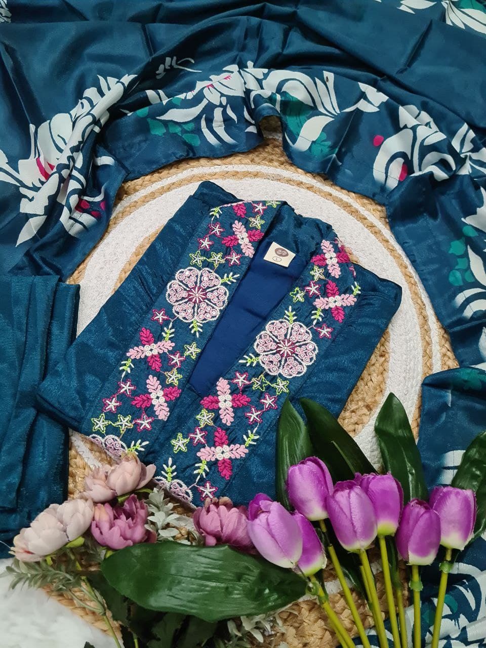 Dark Blue Heavy Chinon Embroidered Kurti Set with Dupatta