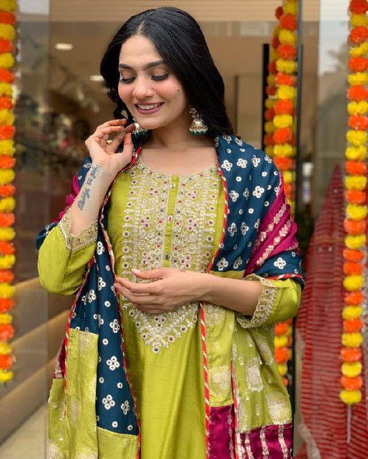 Viscose Chanderi Embroidered Suit Set with Jacquard Dupatta