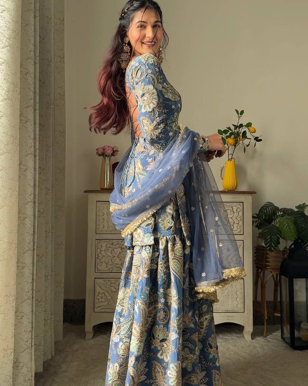 Designer Chinon Sharara Suit Set with Embroidery Work