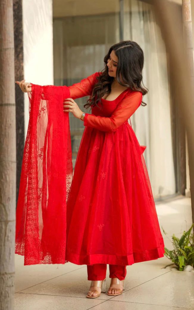 Designer Tabby Silk Gown Set with Embroidery Work & Dupatta