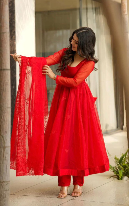 Designer Tabby Silk Gown Set with Embroidery Work & Dupatta