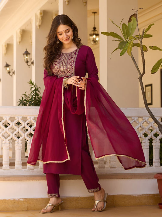 Rayon Slub Embroidered Kurti Set with Chinon Dupatta