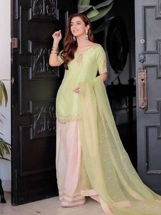 Designer Pure Crepe Party Wear Top & Farshi Palazzo with Dupatta. Embroidery, sequins & mirror work.