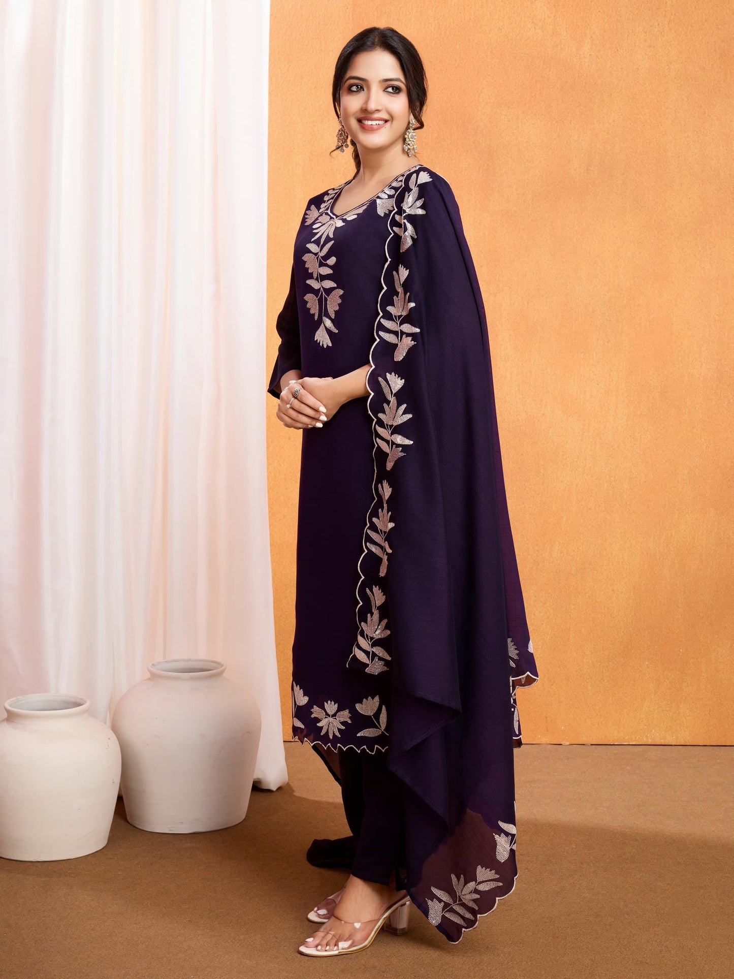 Vichitra Silk Embroidered Suit Set for Women – Kurta, Pant & Dupatta