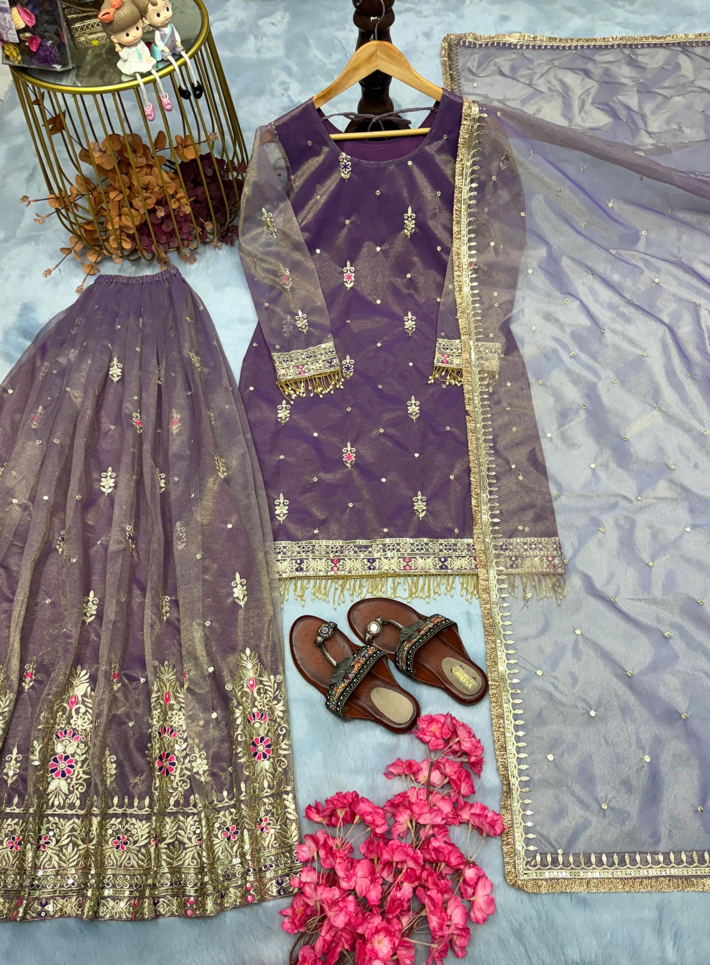 Designer Party Wear Twil Net Top Plazzo Dupatta Set
