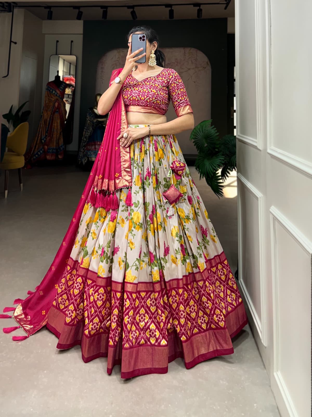 Tussar Silk Patola Print Lehenga Choli Set for Women