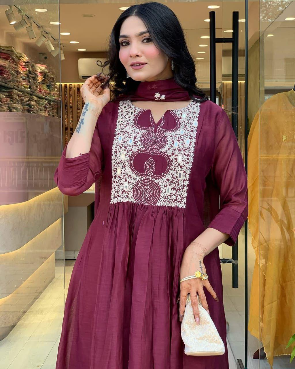 Elegant Maroon Cotton Anarkali Kurta Set with Embroidered Yoke