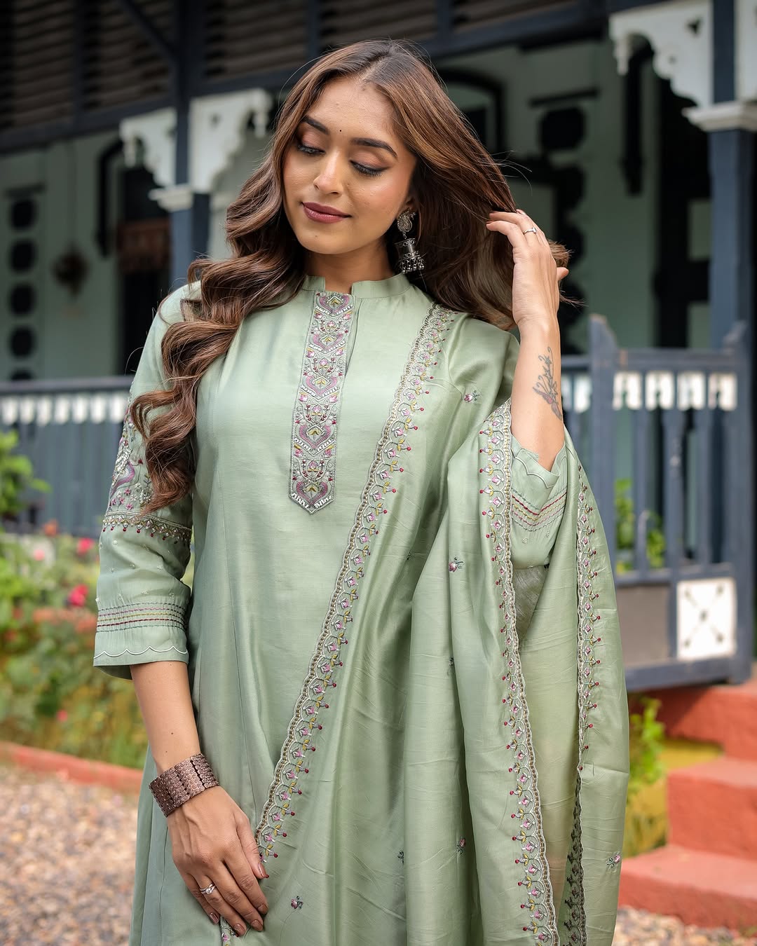 Elegant Pista Green Muslin Silk Suit Set with Embroidery & Chanderi Dupatta