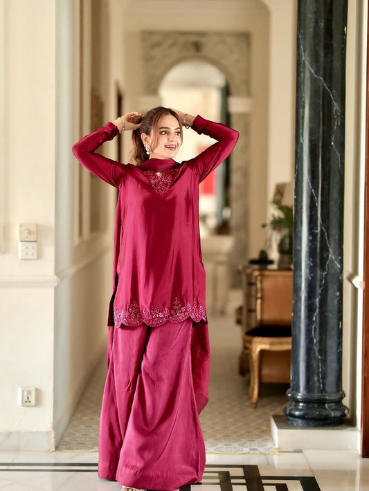 Designer Maroon Sharara Set with Embroidery Work