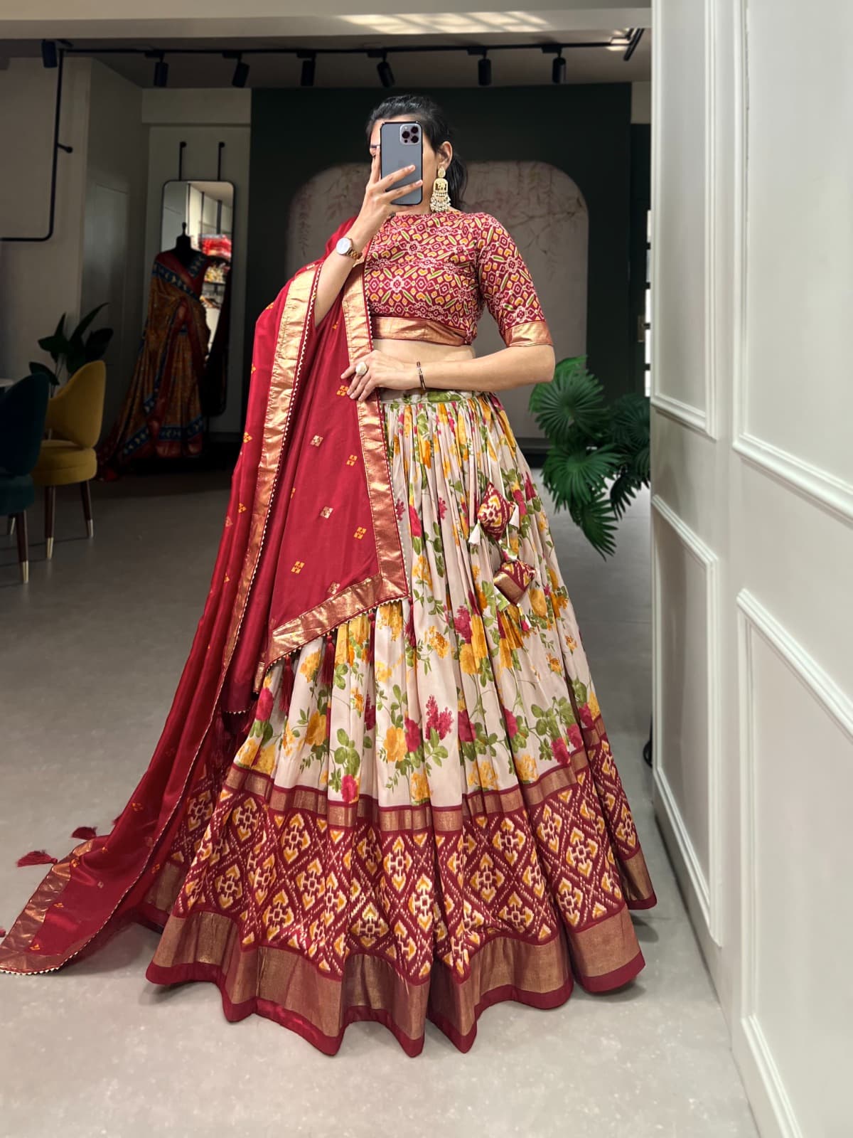 Tussar Silk Patola Print Lehenga Choli Set for Women