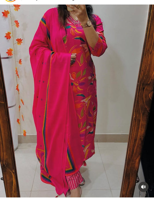 Pink Lahariya Print Malmal Cotton Suit Set with Heavy Sequins Work
