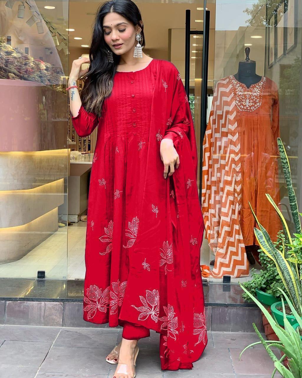 Premium Red Cotton Printed Suit Set with Lace Dupatta