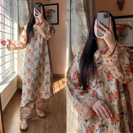 Designer Roman Silk Kurti Plazzo Set | Sequin Embroidered Party Wear