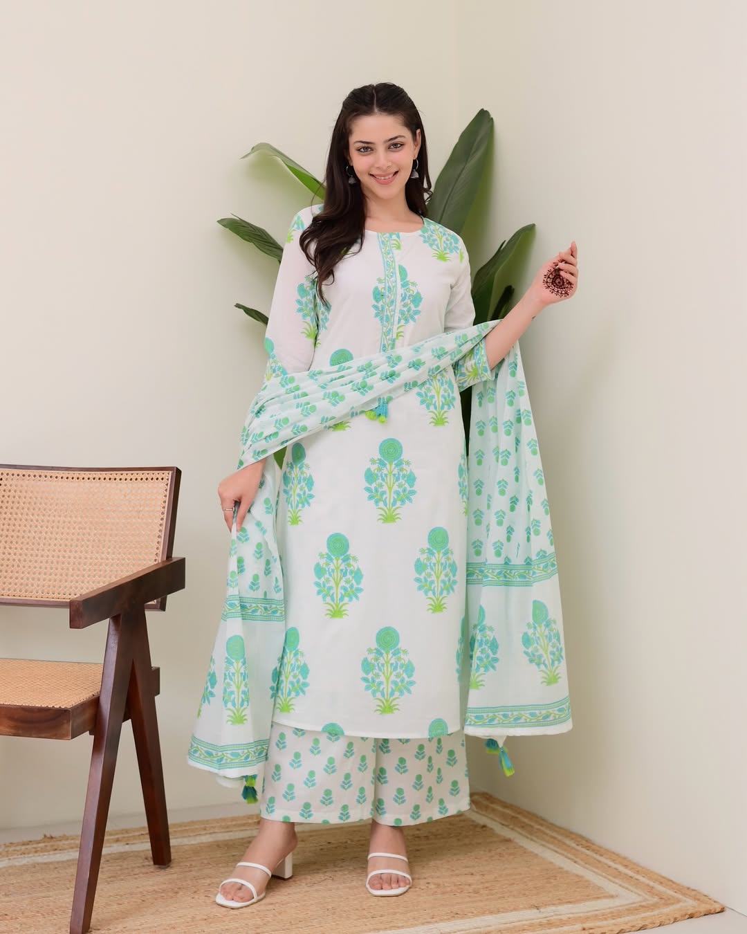 Floral Cotton Kurti Set with Palazzo & Dupatta