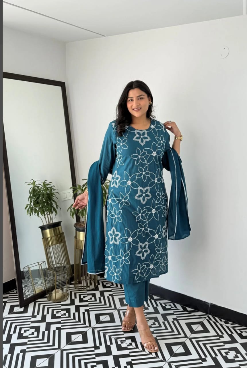 Cotton Embroidered Kurti Pant Dupatta Set – Blue & Purple