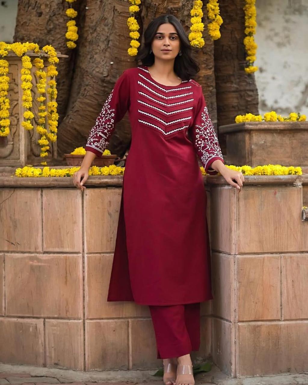 Embroidered Cotton Kurti Pant Set for Women