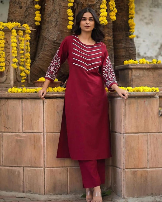 Embroidered Cotton Kurti Pant Set for Women