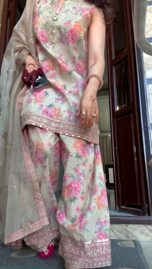 Pink Floral Georgette Party Suit Set with Farshi Palazzo & Dupatta