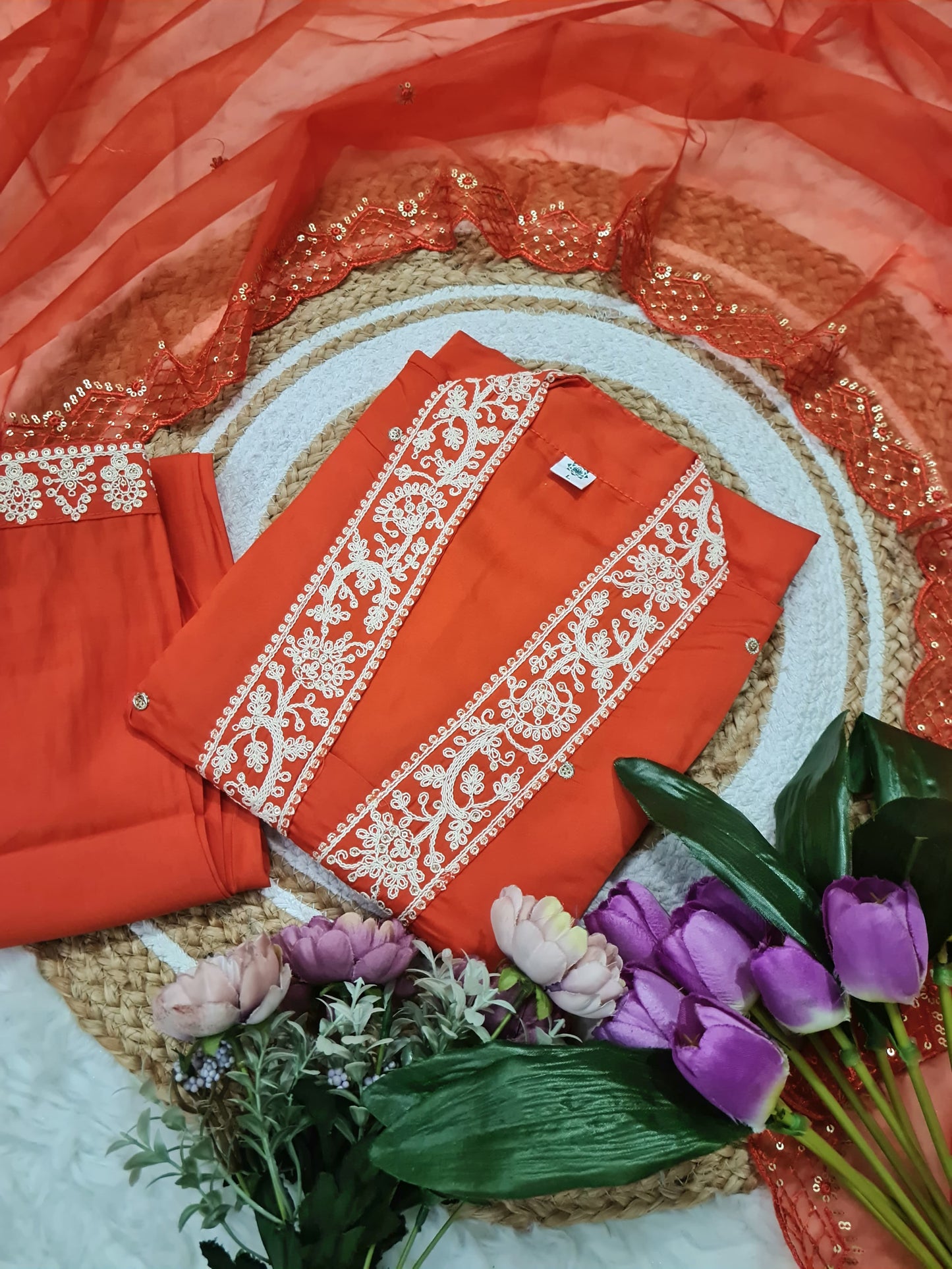 Women's PV Chanderi Embroidered Suit Set with Dupatta – Orange