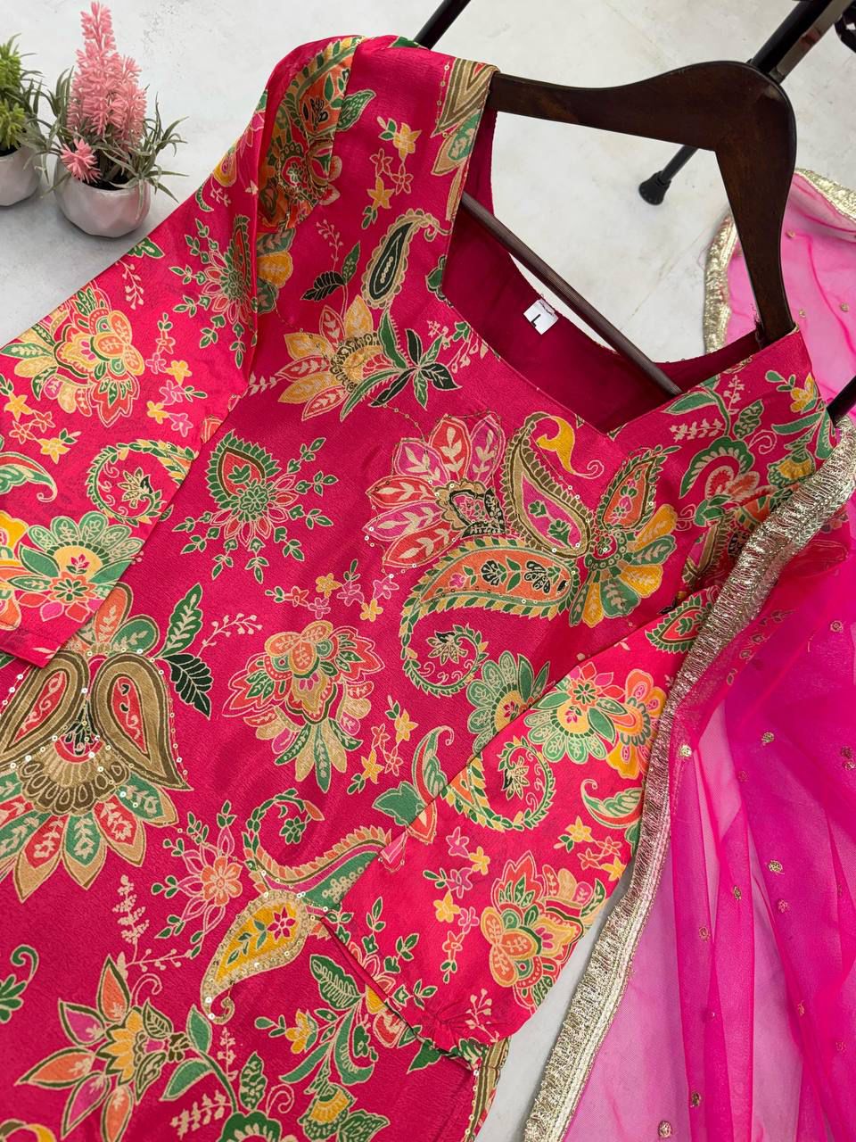 Designer Chinon Sharara Suit Set with Embroidery Work