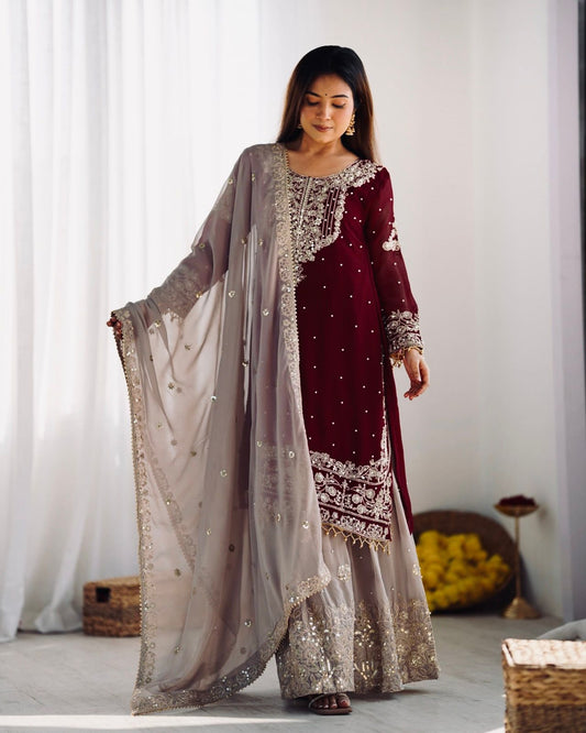 Designer Maroon Georgette Embroidered Suit Set with Dupatta