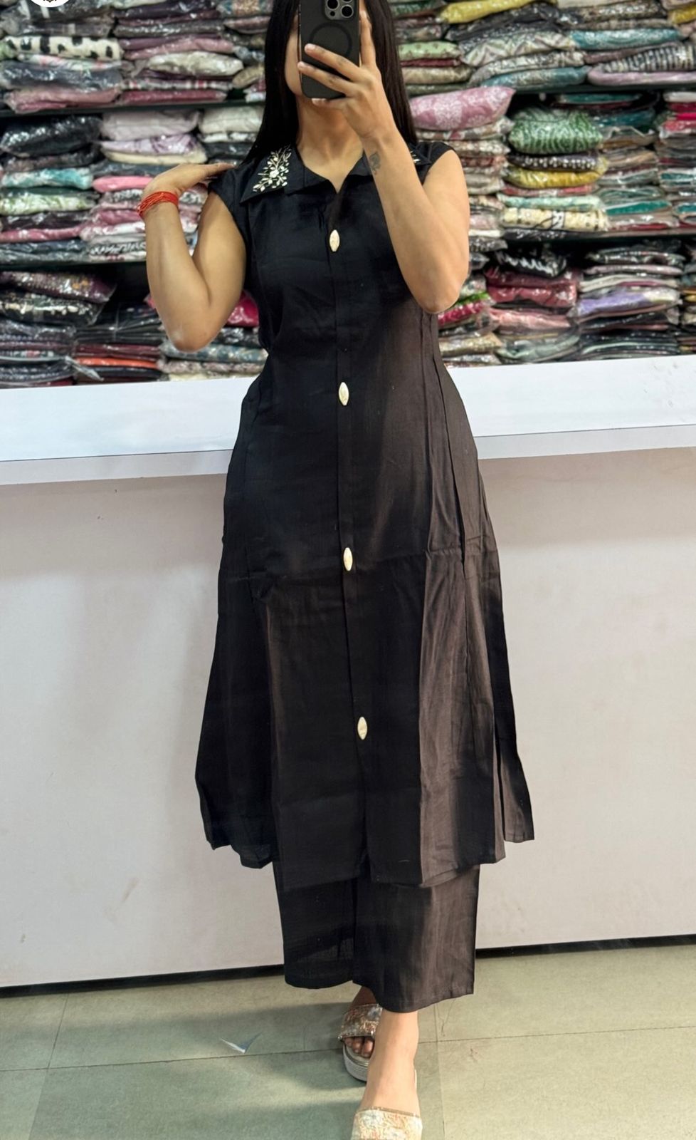 Women's Cotton Slub Embroidered Kurti Plazzo Set – A-Line Sleeveless Suit