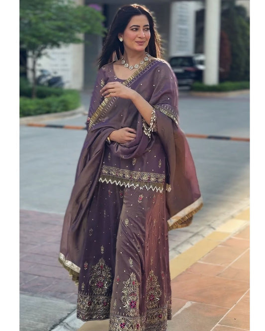 Designer Party Wear Twil Net Top Plazzo Dupatta Set