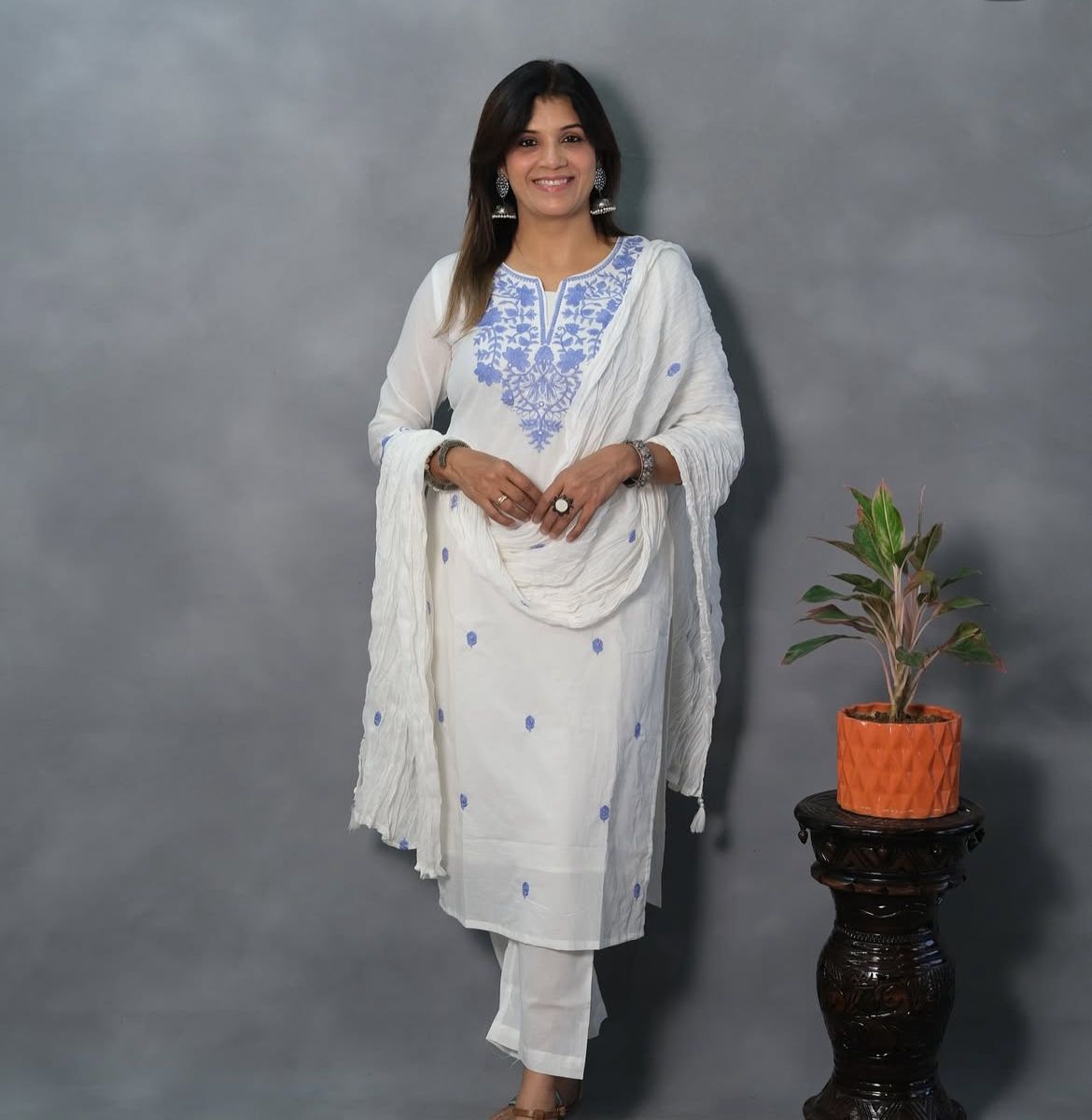 White Khadi Cotton Embroidered Suit Set with Dupatta
