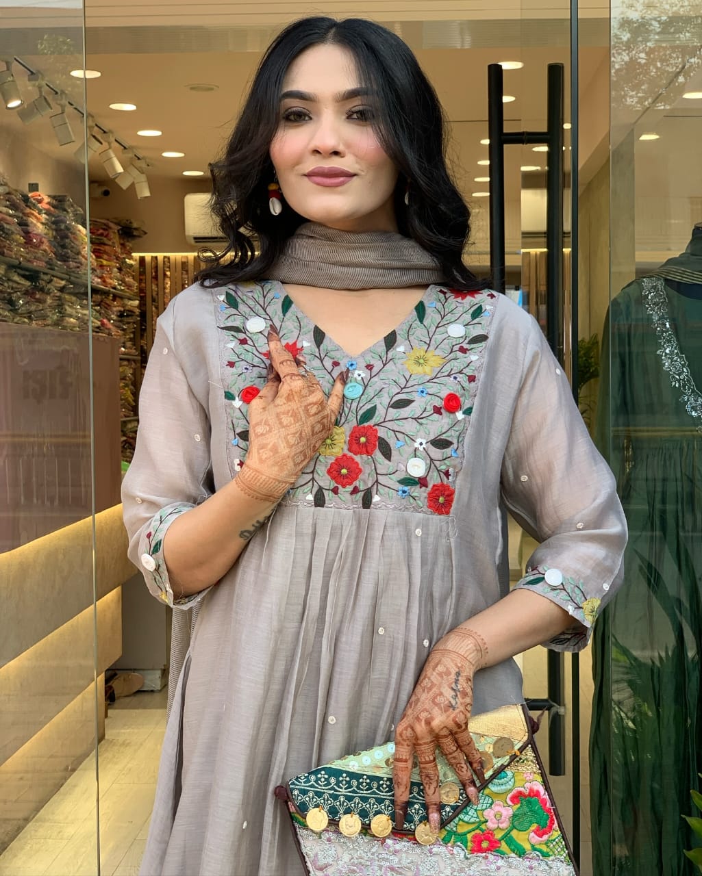 Viscose Chinon Embroidered Suit Set – Gray