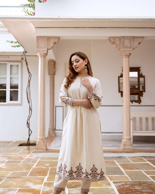Taj South Cotton Embroidered Suit Set – Cream