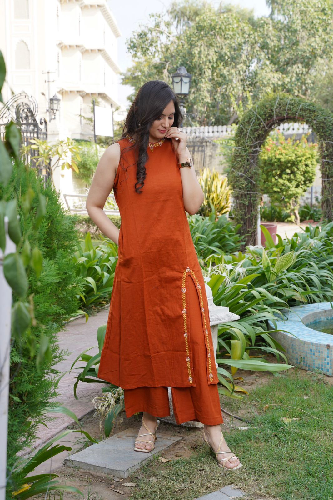 Premium Embroidered A-Line Cotton Slub Kurta Set
